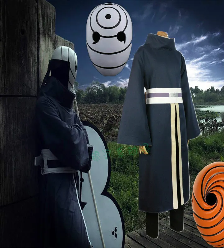 Аниме костюи для косплея Наруто Uchiha Obito Косплей унисекс для взрослых костюмы с длинным рукавом черный плащ и маска для лица Полный комплект костюма