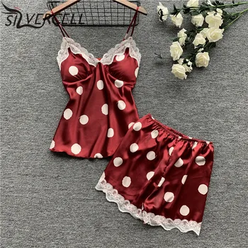 

Women Lace Pajamas Set Women Lace Stitching Sexy Sweet Dot Point Sleeveless Sleepwear Set Shorts Camisoles 2PCS Suit