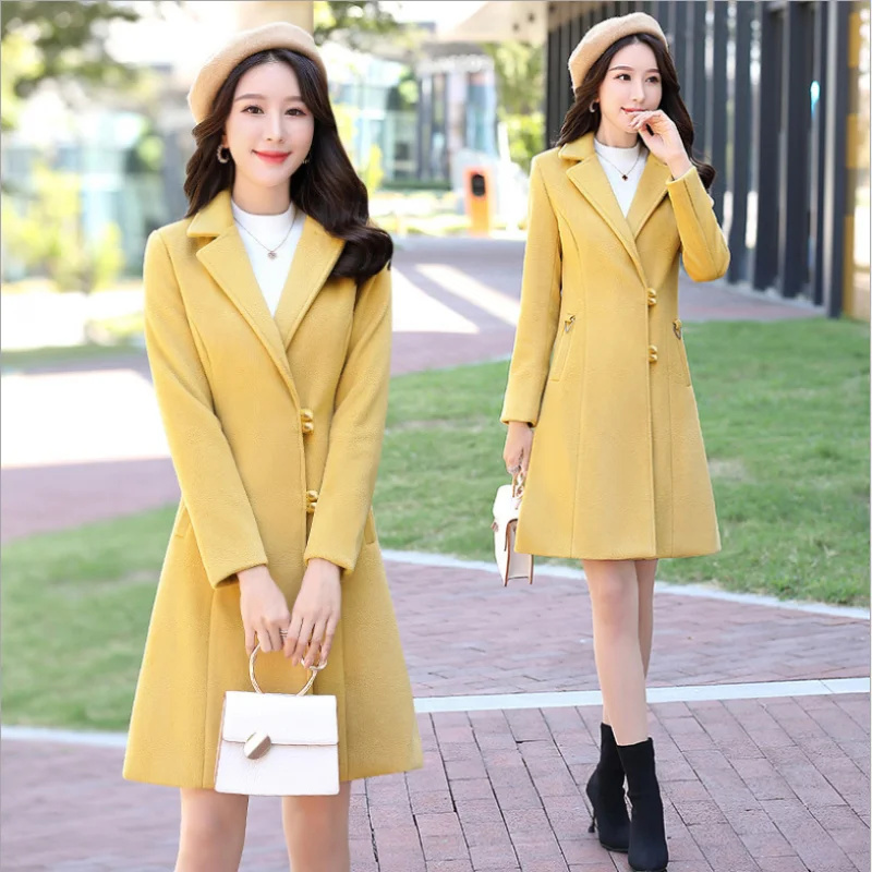 yellow Новинка, зимнее корейское женское длинное шерстяное пальто, женское элегантное приталенное пальто с воротником, уникальная однобортная шерстяная куртка - Цвет: yellow