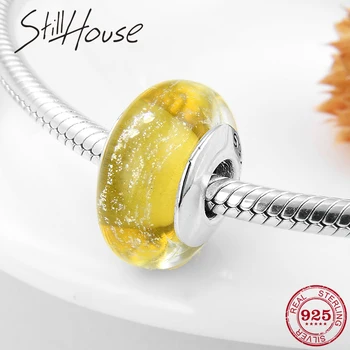 

100% Authentic 925 Sterling Silver Sparkling Yellow Murano Glass Beads Fit Original European Charms Bracelet Jewelry Making