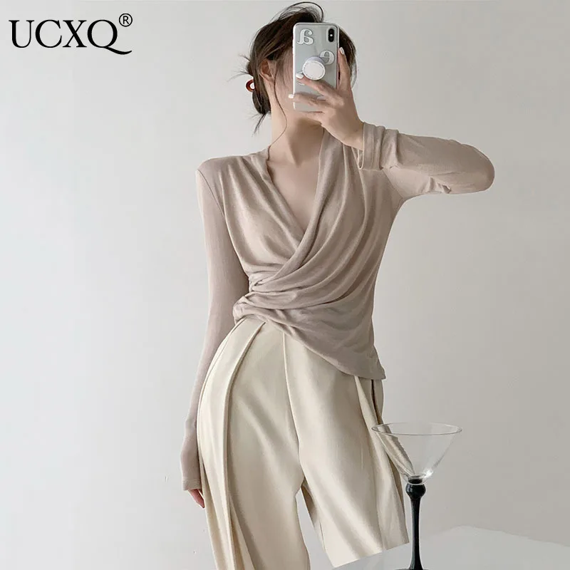 UCXQ Woman Sweater Solid Criss Cross Deep V-neck Long Sleeve Wild Basic Loose Casual Style 2021 Autumn Korean Fashion 23XF868 | Женская