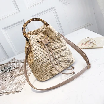 

Women Large Capacity Drawstring Straw Bucket Bag Summer Woven Shoulder Bag Shopping Purse Beach Handbag Straw Handbag Travel Bag