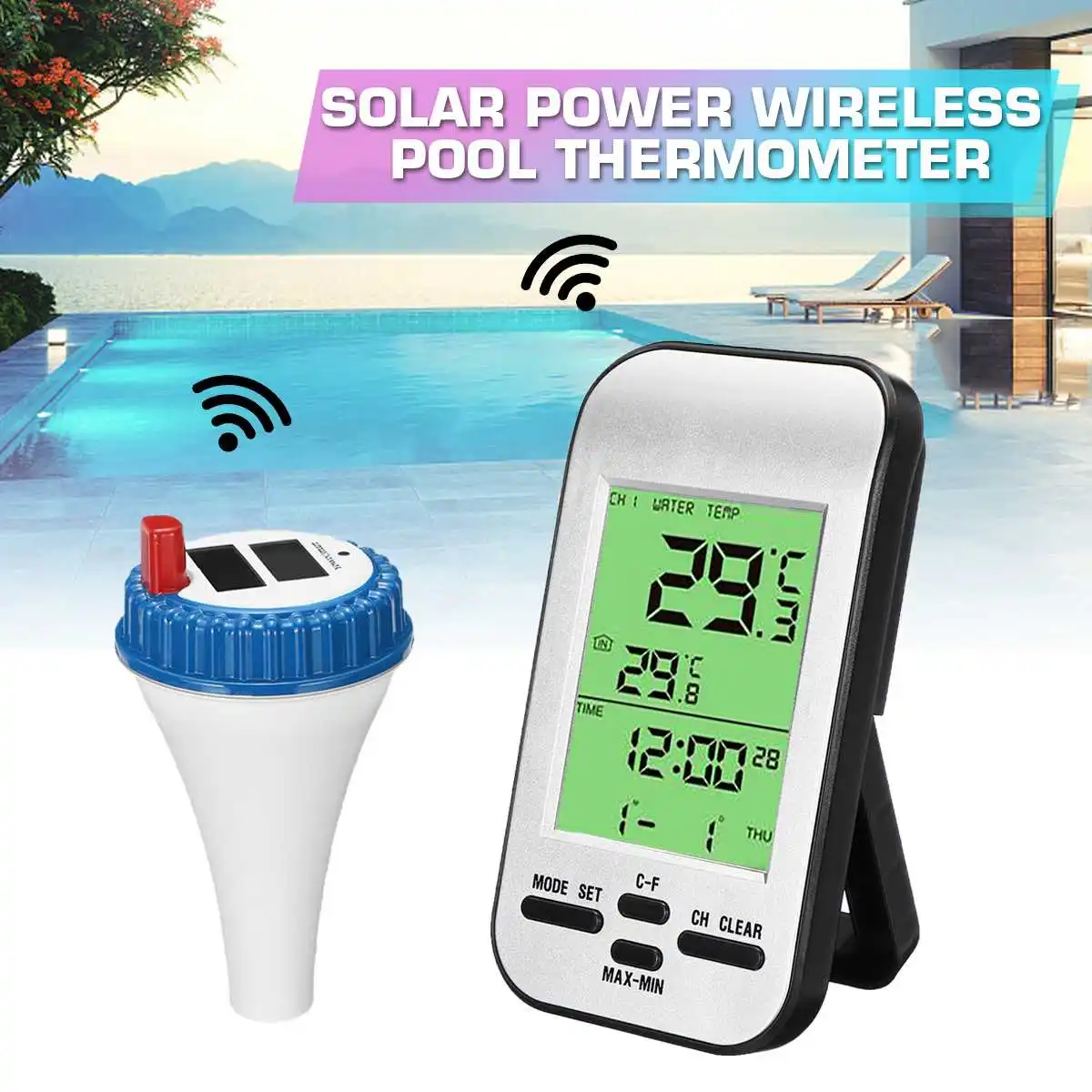 

Wireless Swimming Pool Thermometer Water Temperature Detector Time Calendar LCD Display Waterproof Outside Sensor