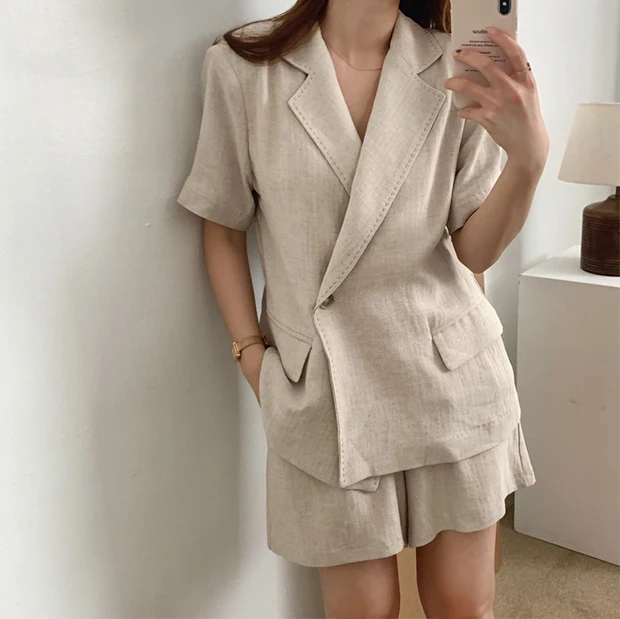 Mozuleva New Summer Women 2 Piece Sets Matching Wide Leg Short Pants Casual Cotton and Linen Pocket Lady Biker Shorts Suit 2020