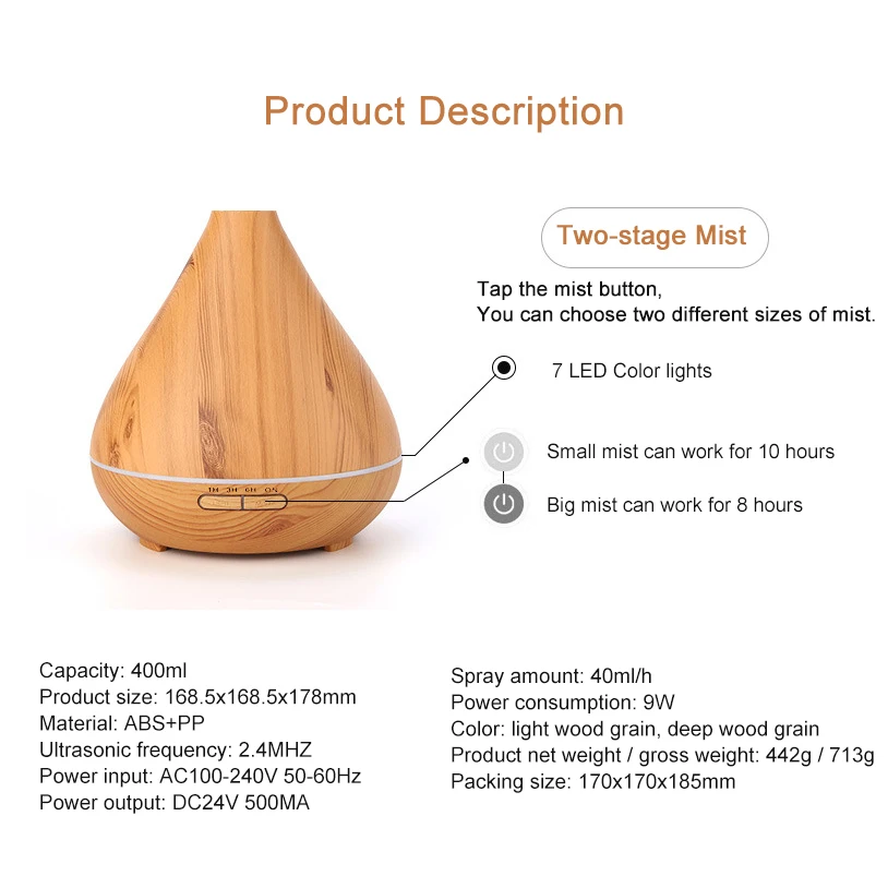 NEWHTHING 400ml Aroma Diffuser Wood Aromatherapy Diffuser Essential Oils Electric Ultrasonic Cool Mist Air Humidifier