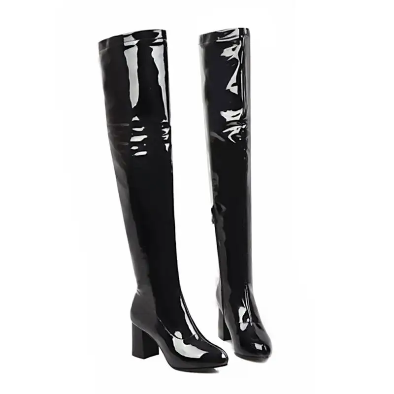 REAVE CAT winter Pointed Square Thick heels Over the knee long Boots Sexy Plus velvet Keep warm High heels Women boots Zipper - Color: Black