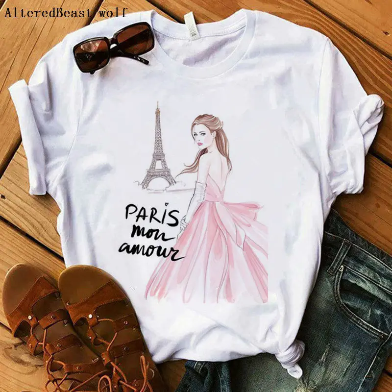 Женская футболка с принтом «Я люблю Париж», летняя футболка с Эйфелевой башней, женские повседневные свободные топы с коротким рукавом, модная свободная футболка - Цвет: as picture