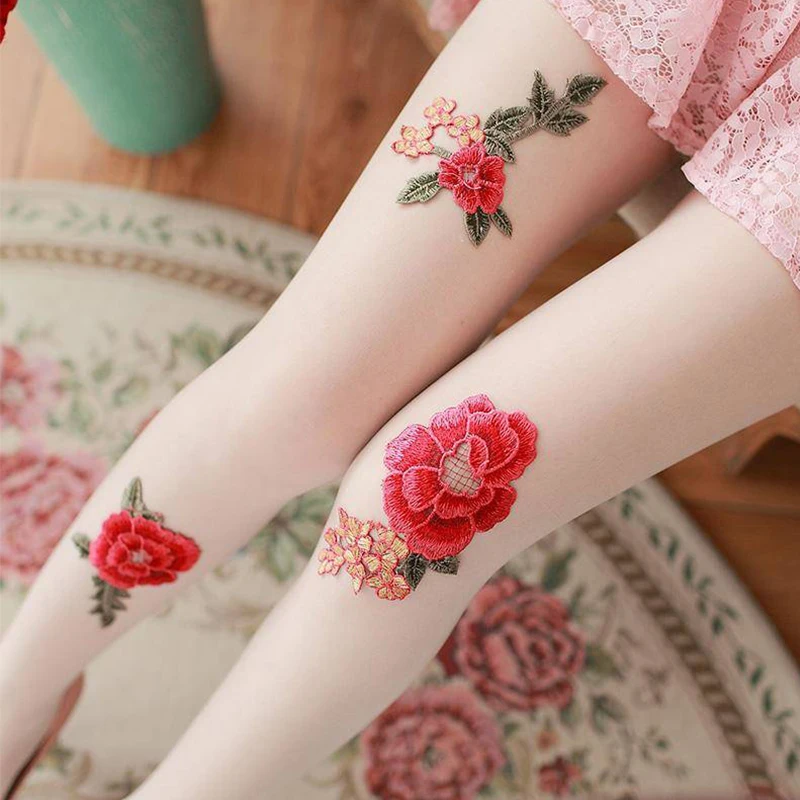 

Sexy Pantyhose Women Flowers Embroidery Stockings Black White Beige Skinny Tights Women Vintage Lolita Girls Pantyhose