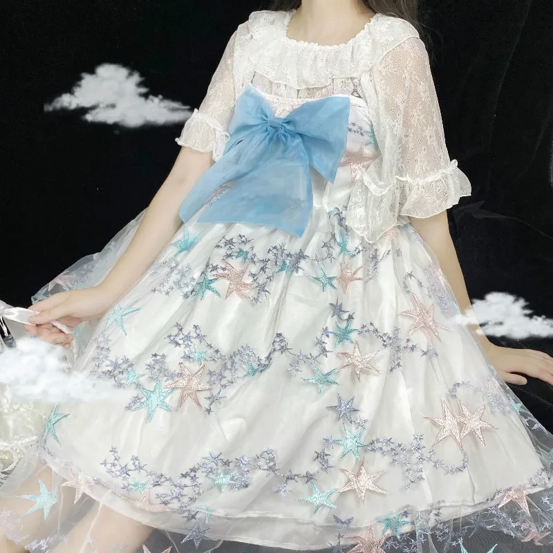 Lolita dress vintage falbala bowknot cute printing high waist princess victorian strap dress kawaii girl gothic lolita cos loli
