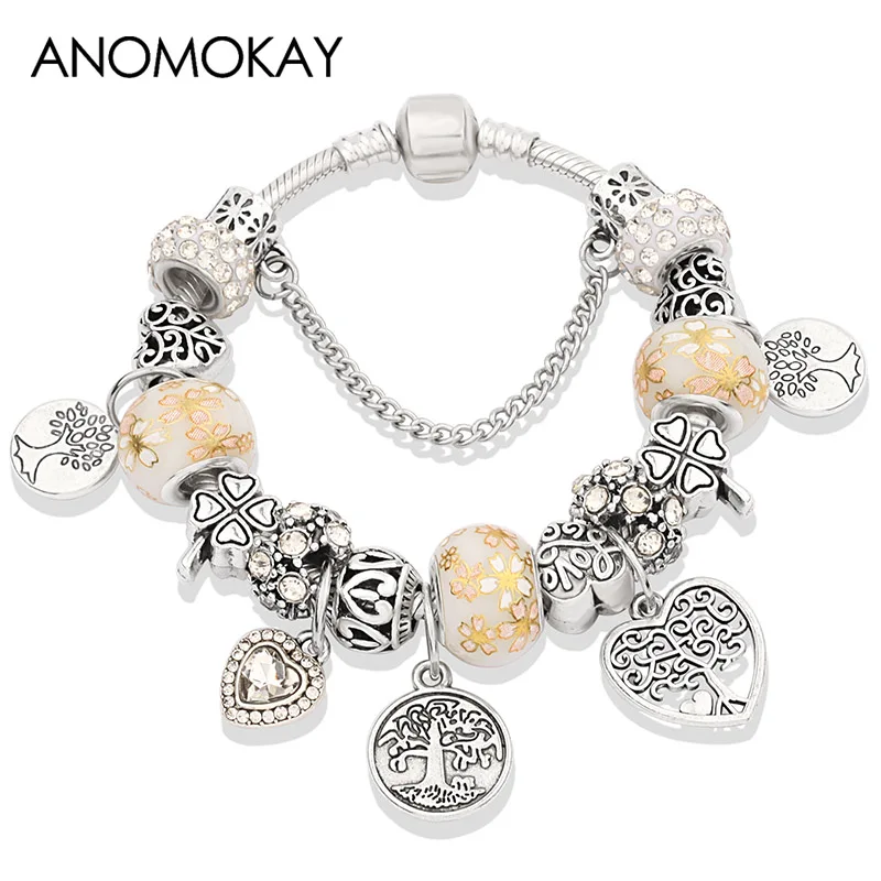 P80827 White Leabyl дропшиппинг темно-синее Дерево жизни DIY амулет, серебряный браслет цвет растение сердце браслет ручной работы из бусин Pulsera Hombre - Окраска металла: P80827 White