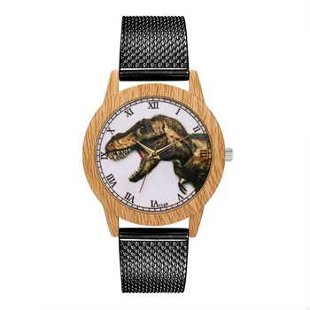 

Fashion Men's Quartz Watch Black Silicone Strap Cartoon Dinosaur Pattern Wood Imitation Alloy Dial Watches For Men Gift Boy T169