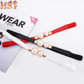 

Women's thin belt not Genuine Leather lady belt fashion Slim alloy automatic buckle lady Pearl elastic band ladies' Casual belt