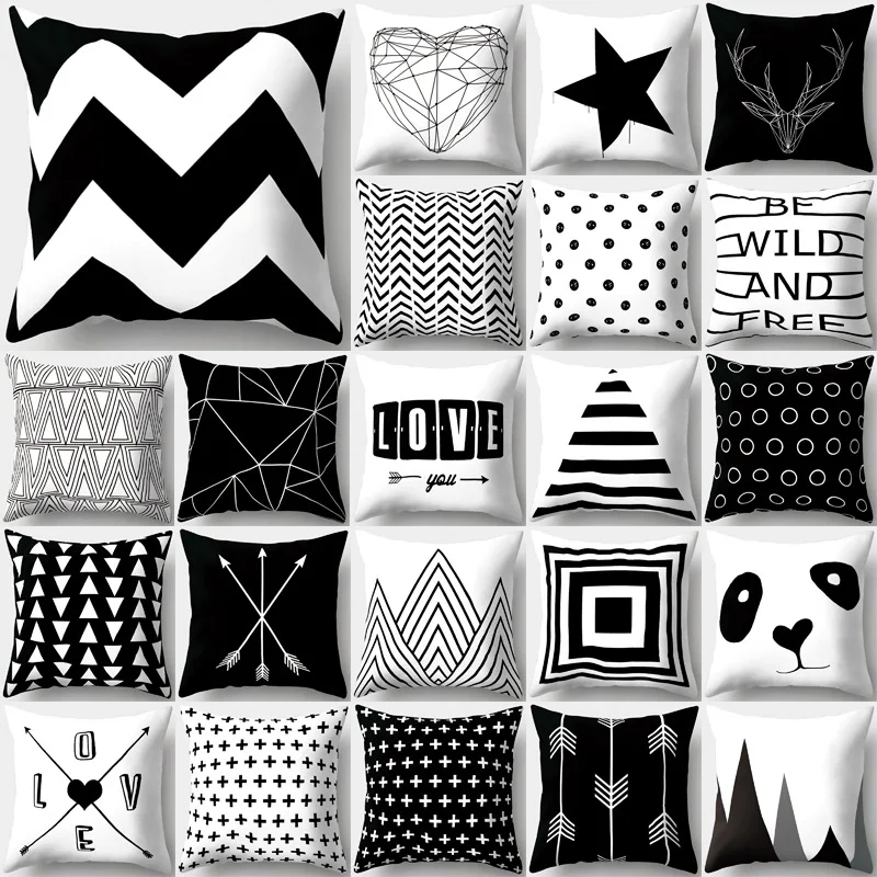

17inch Cushion Cover Simple Black White Back Cushion Cover Polyester Throw Pillow Case Striped Dotted Grid Triangular Geometric