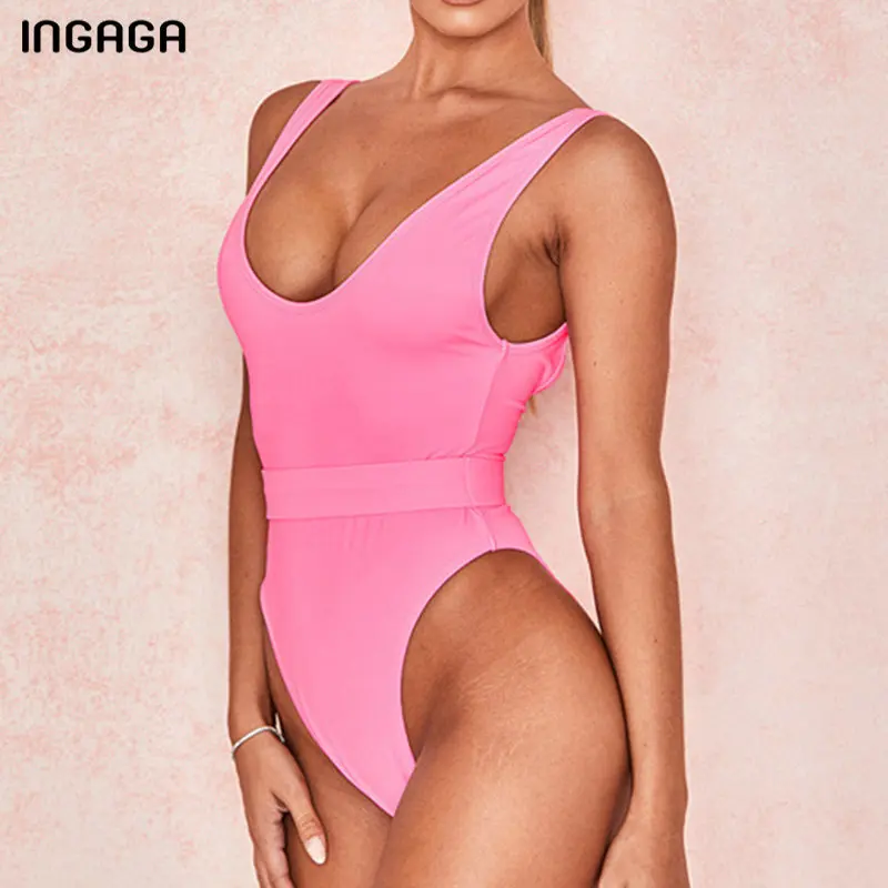 

INGAGA Solid One Piece Swim Suit High Cut Female Swimwear Push Up Bodysuit Sexy Belted Bathing Suit Women 2020 New Bathers