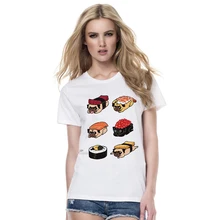 Забавные креативные футболки с суши-Мопсом, удобные пищевые Женские топы с принтом, летние футболки с коротким рукавом и круглым вырезом, крутая футболка с изображением животных