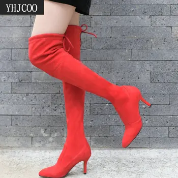 

New Fashion Sexy Women Boots Stretch Fabric Thin Thighs High Heels Over the Knee Boots Women Autumn Winter Boots Woman Size 43