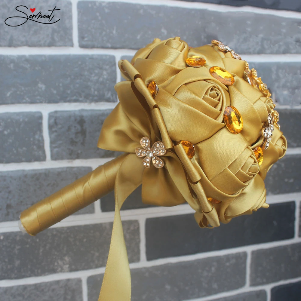 Golden Rhinestones Holding Flowers Wedding Luxury Gold Diamonds Holding Flowers New Gold Rhinestone Bouquet Wedding Accessories