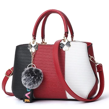 

Ladies 2020 New PU Tote Bag Fur Ball Accessories Women Boston Bag Patchwork Handbag Party Wallet Messenger Shoulder Bag Tote