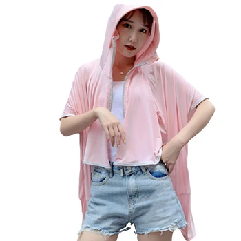 

Women Batwing Sleeve Hooded Tops Summer Beach Face Cover Zipper Closure Fashion Ice Silk Sun Protection Clothing Breathable