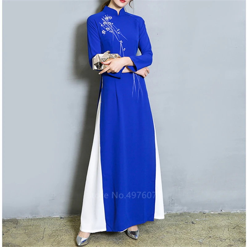 Blue Новинка, вьетнамские халаты в народном стиле, шифоновое платье Aodai, изящное платье со стоячим воротником, элегантная традиционная одежда с цветочным рисунком, Cheongsam - Цвет: Blue