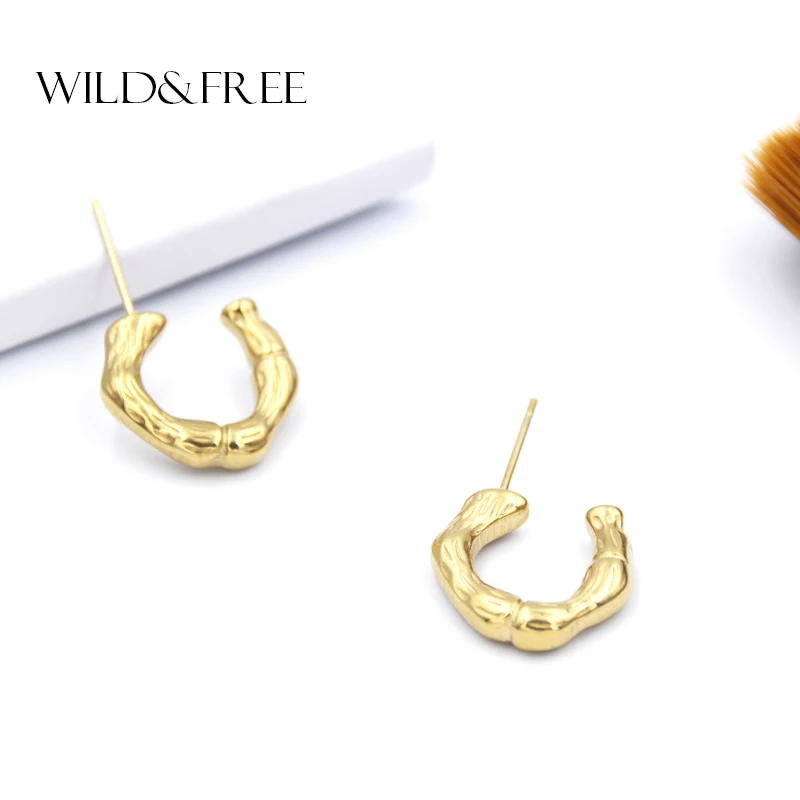 

Wild&Free Hot Sale Small Open Hoop Earrings For Women Girl C Shape Irregular Bamboo Tiny Hoops Earring Stainless Steel Jewelry