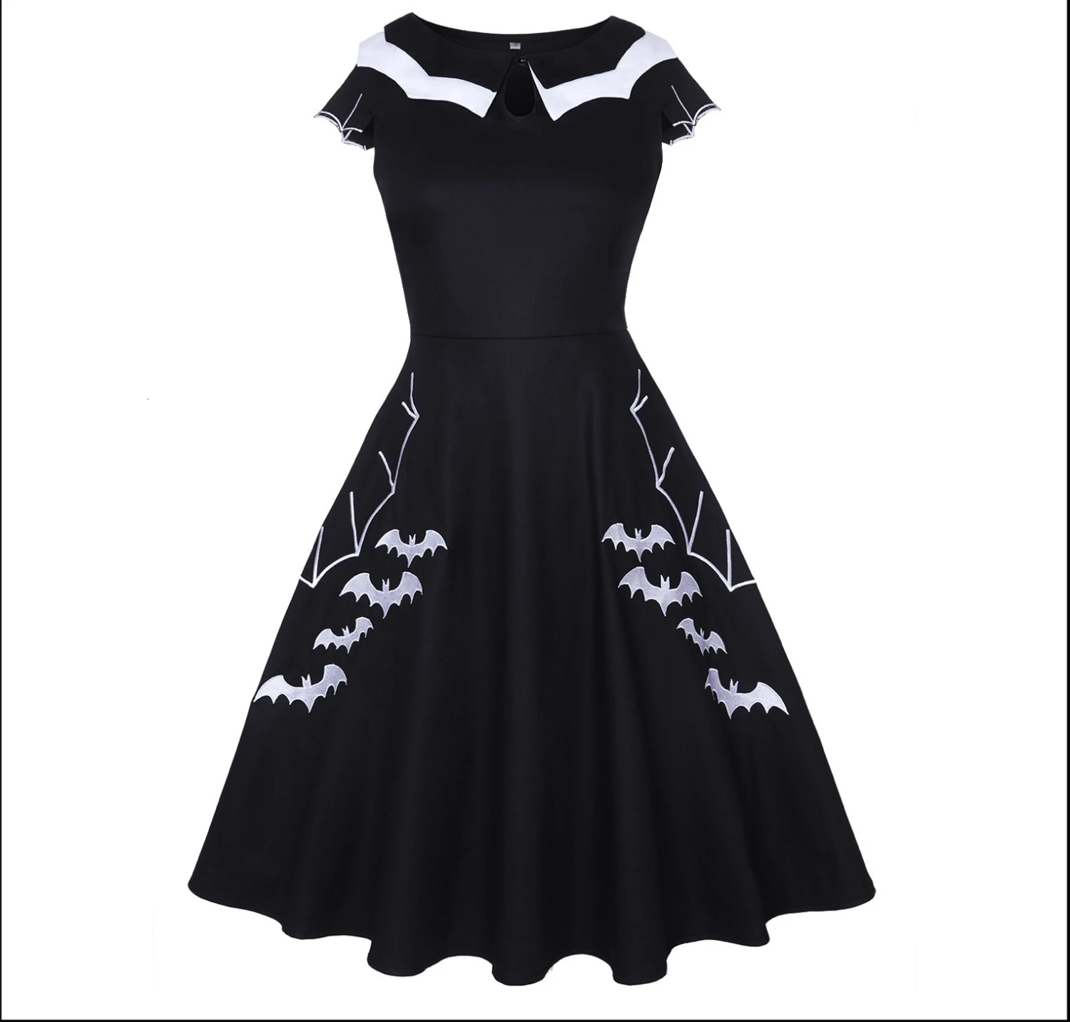 JIEZuoFang Gothic Summer Dress Women Vestidos Black Bat Embroidery Hollow-Out Block Halloween Dresses Laies Clothing Wholesale