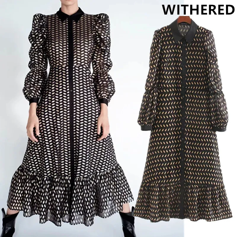 

Withered england style vintage puff sleeve printing chiffon party dress women vestidos de fiesta de noche vestidos midi dress