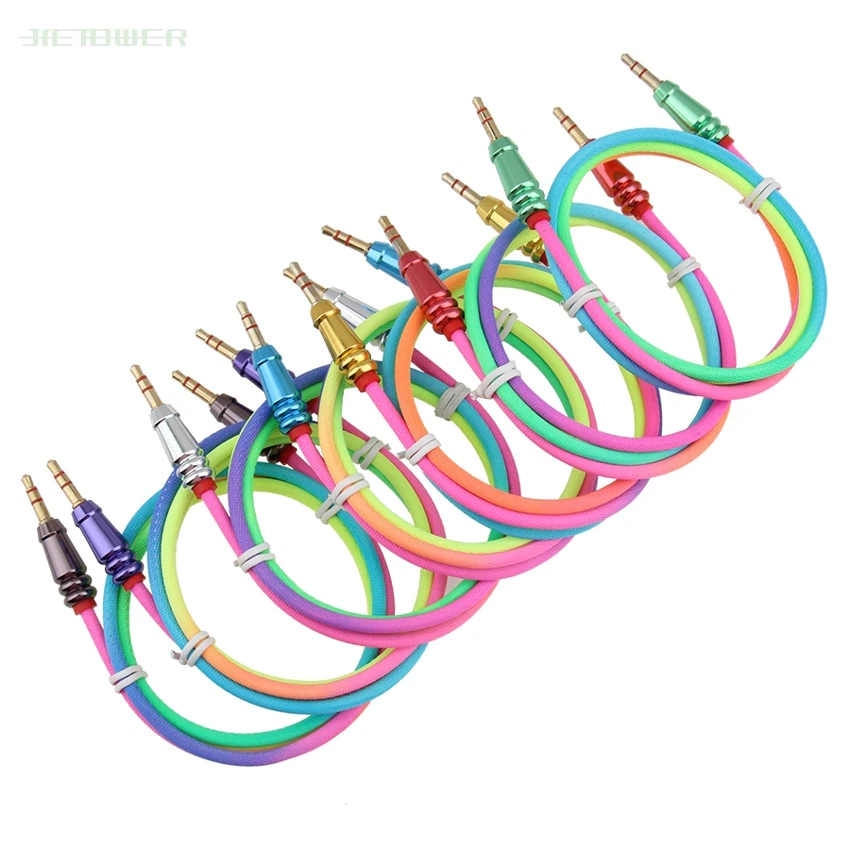 200pcs Audio Cable 3 5mm Jack Male To Male Rainbow Round Bullet Cloth Aux Cable for IPhone 6 6S Car Headphone Wire Line Aux Cord