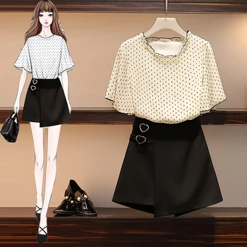 

plus size 2020 Summer Women Two piece set O-Neck Flare Sleeve Top + Shorts Zipper Fly Strap Shorts Suit Office Lady 2 Piece Set