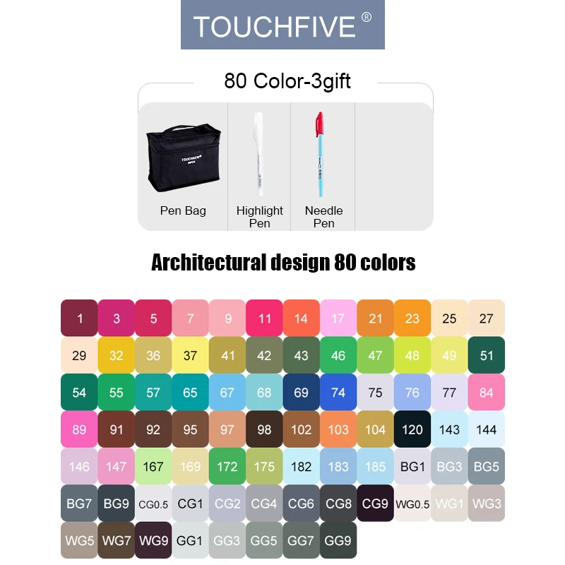 80-Architectural-Set TouchFive маркеры 30/40/60/80/168 на алкогольной основе, набор художественных маркеров профессионального качества для рисования манги, фэшн эскизов - Цвет: 80-Architectural-Set