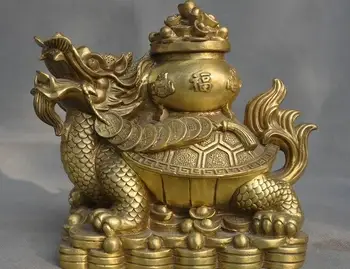 

old Chinese Feng Shui brass auspicious wealth yuanbao coin Dragon turtle statue