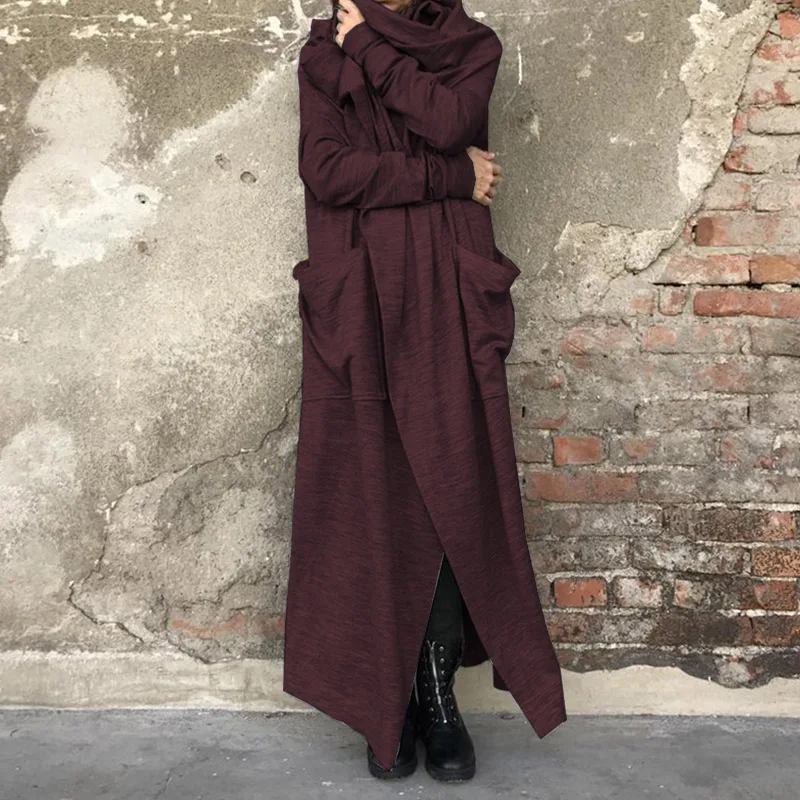Wine Red Большие размеры кардиган Женские Длинные куртки ZANZEA осенние пальто кафтан с длинным рукавом Топы женские открытые спереди верхняя одежда, парки 5XL - Цвет: Wine Red