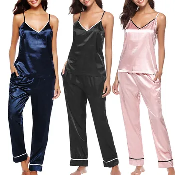 

Womens Silk Satin Pajamas Pyjamas Set Sling Sleepwear Pijama Pajamas Suit Female Sleep Two Piece Set Loungewear