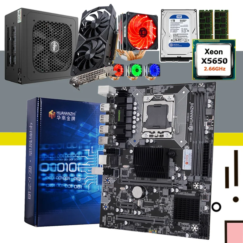 #Special Offers HUANANZHI discount motherboard set X58 motherboard CPU Intel Xeon X5650 with cooler RAM 32G GPU GTX1050Ti 4GD5 500W PSU 1TB HDD