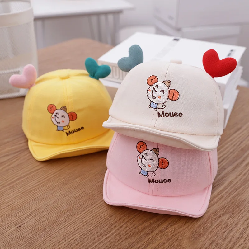 귀여운 모자, 짧은 챙 모자, 자수 마우스 패턴, 남아, 여아, 어린이 양산 모자, 사랑스러운 하트 모자