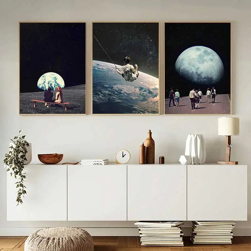 

Night Sky Earth Canvas Posters and Prints Surrealism Galaxy Space Moon Canvas Painting Swing Cosmic Wall art Sci-Fi Decor