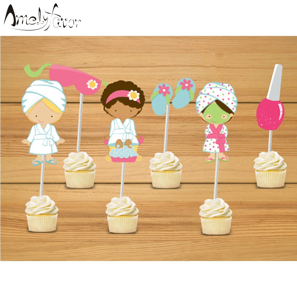 SPA Theme Party Cupcake Toppers Girls Nail Polish Slippers Bash Cosmetic Decorations Supplies Event Cake Decoration | Дом и сад