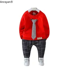 Демисезонный для малышей, комплект для малышей, одежда для девочек для мальчиков Костюмы хлопковая Футболка с галстуком и брюки в клетку 2 шт./компл. спортивные комплекты спортивных костюмов для детей, Свитера для мальчиков