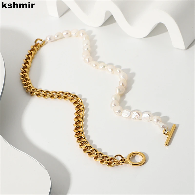 kshmir OT buckle Cuba chain freshwater pearl necklace iron steel half chain half pearl splicing necklace female accessories free