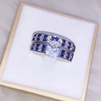 

CHAMSS Oval Blue White Sapphire Two-piece Ring Fashion Simple Women's Valentine's Day Gift Factory Wholesale