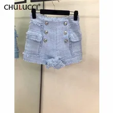 8.14 Autumn Women Shorts Fashion Double-Breasted Tweed Shorts