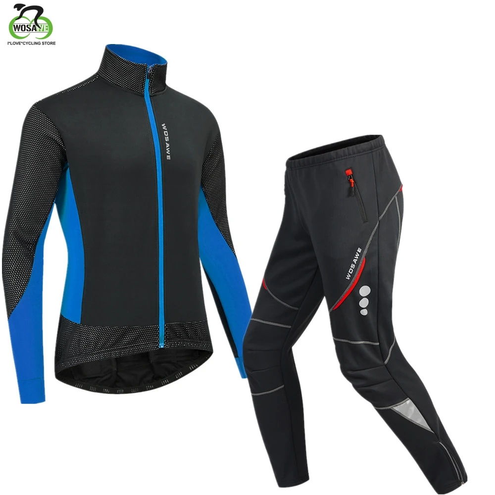 

WOSAWE Winter Black Cycling Jacket MTB Bike Pants Long Set Men Ropa Ciclismo Thermal Fleece Bicycle Clothing Cycling Wear Suit