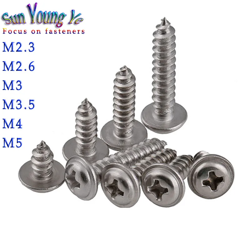 Cross Round Head Self-tapping with Padded Screw M2.3 M2.6M3M3.5M4M5 Stainless Steel with Collar Pad Washer Silver Fastener Screw