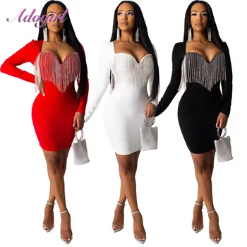 

Sexy Crystal Diamonds Tassel Bodycon Evening Party Club Mini Dress Women Elegant Long Sleeve Deep V Neck Dresses Outfit Vestidos