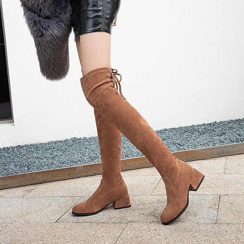 

Med Heel Boots Booties Ladies Shoes Luxury Designer Bootee Woman 2019 Lace Up Winter Women Round Toe Low Heels booties Mid Calf