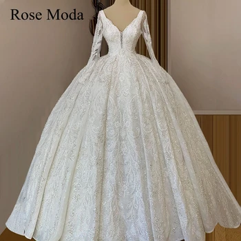 شراءRose Moda فستان زفاف فاخر بأكمام طويلة من الدانتيل وفتحة رقبة على شكل حرف V فستان الأميرة مع خرز مخصص