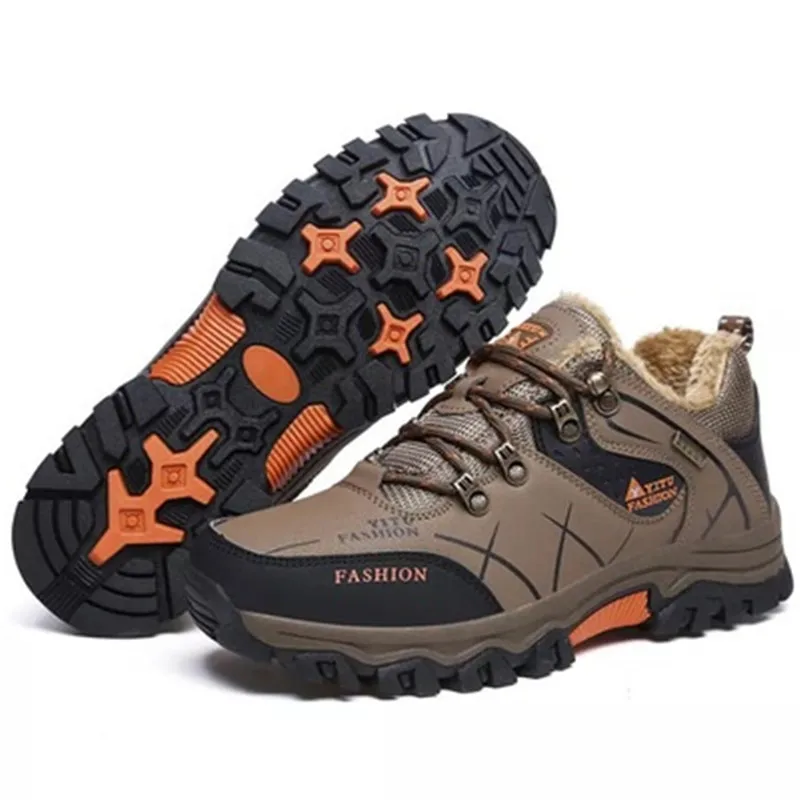 Размер 39-47, Мужские осенне-зимние водонепроницаемые ботинки, очень теплые ботильоны, качественные замшевые зимние ботинки, меховая плюшевая уличная походная обувь - Цвет: brown Plush