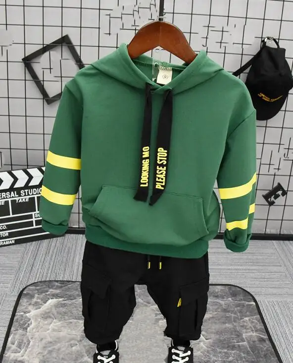 green set Новые детские модные комплекты одежды для мальчиков осенне-зимний костюм из 2 предметов пальто с капюшоном, одежда брендовые хлопковые спортивные костюмы для детей возрастом от 2 до 6 лет - Цвет: green set