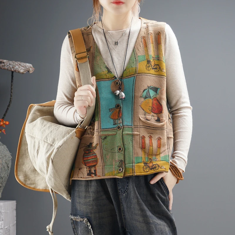 

autumn new literary retro cartoon pocket printing casual wild v-neck knitted cotton vest jacket cardigan sweater women M00136