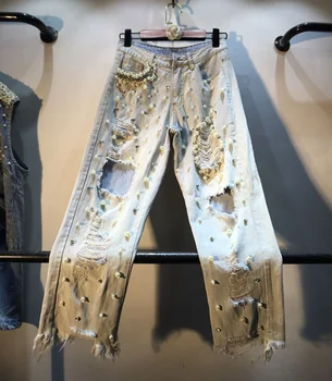 

European Streetwear Holes Jeans for Women Summer New Pearl Beaded High Waist Slim Washed Hole Capri Jeans Pants Denim Pants